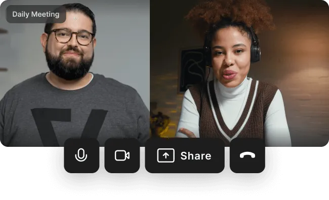 Two people on a video call labeled Daily Meeting, with microphone, video, share, and hang-up control icons.